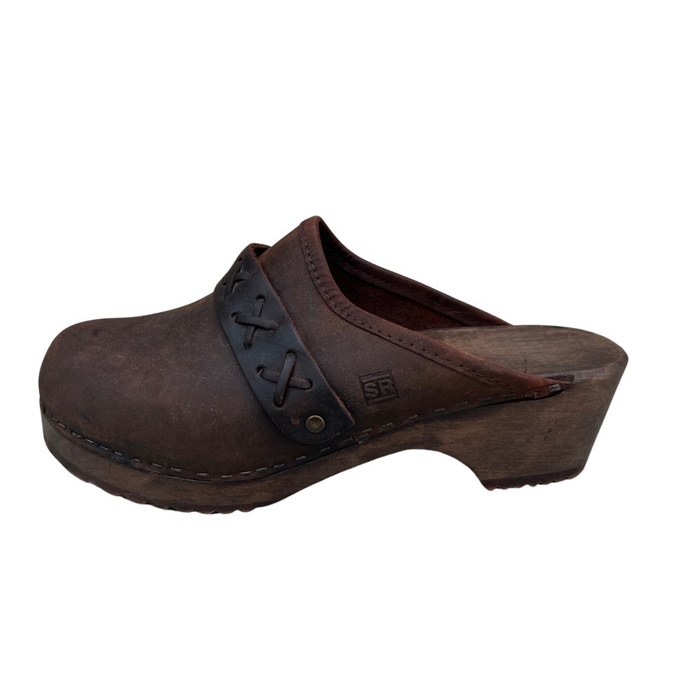 Danish Clogs Chocolate Brown Leather Wood Platform Slip On Mule Size 7